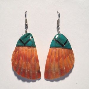 Native Orange Shell Earrings With Turquoise Inlay
